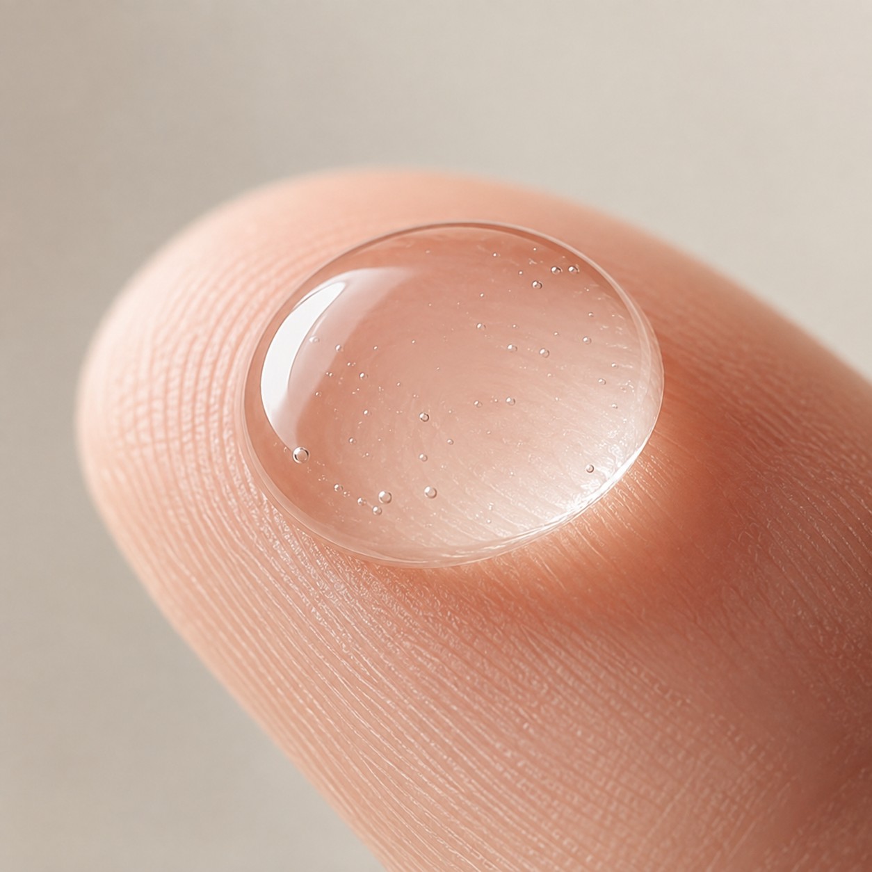 Close-up of serum droplet texture on fingertip