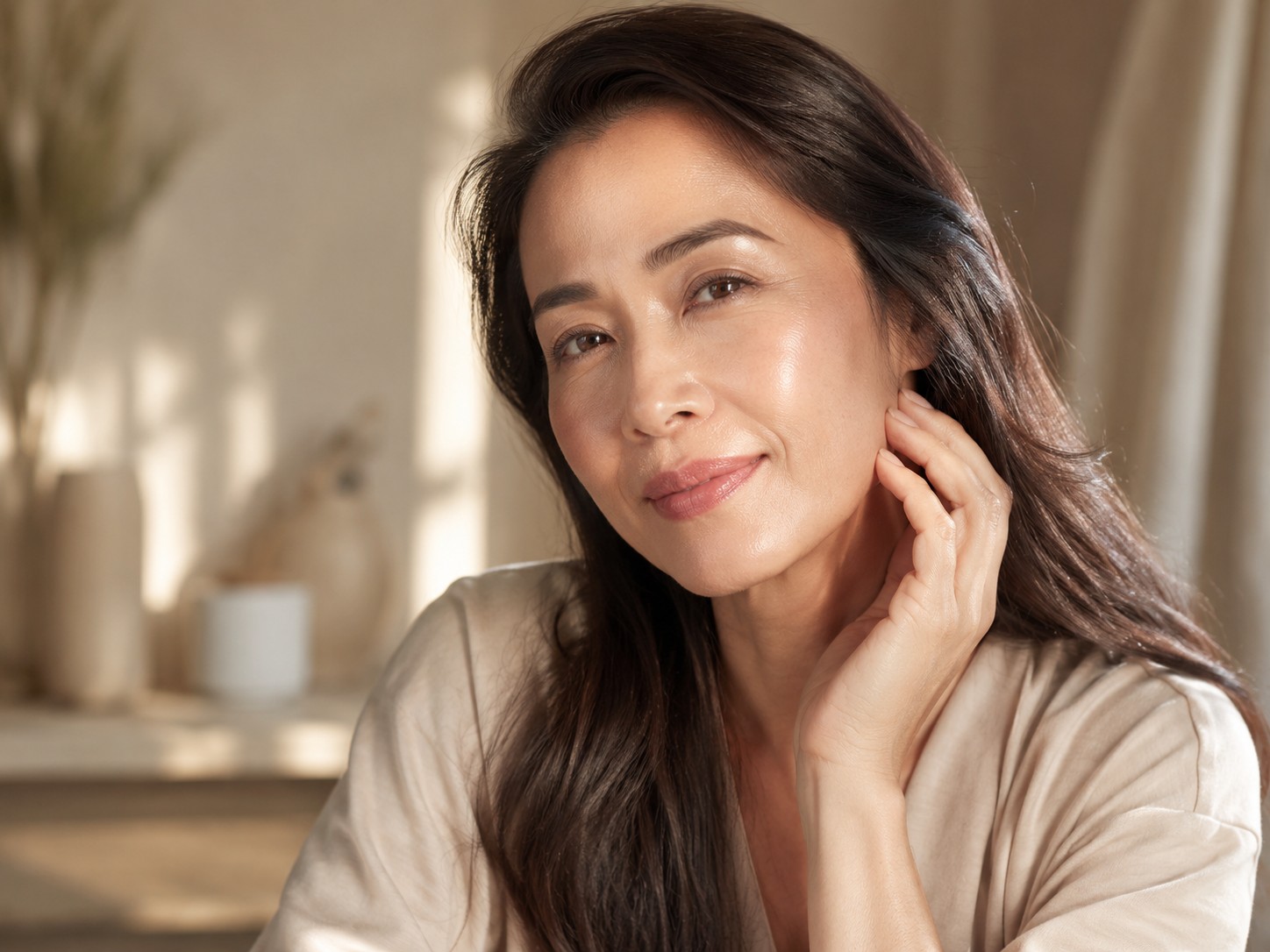 Woman in her 40s with radiant, healthy-looking skin in soft natural light