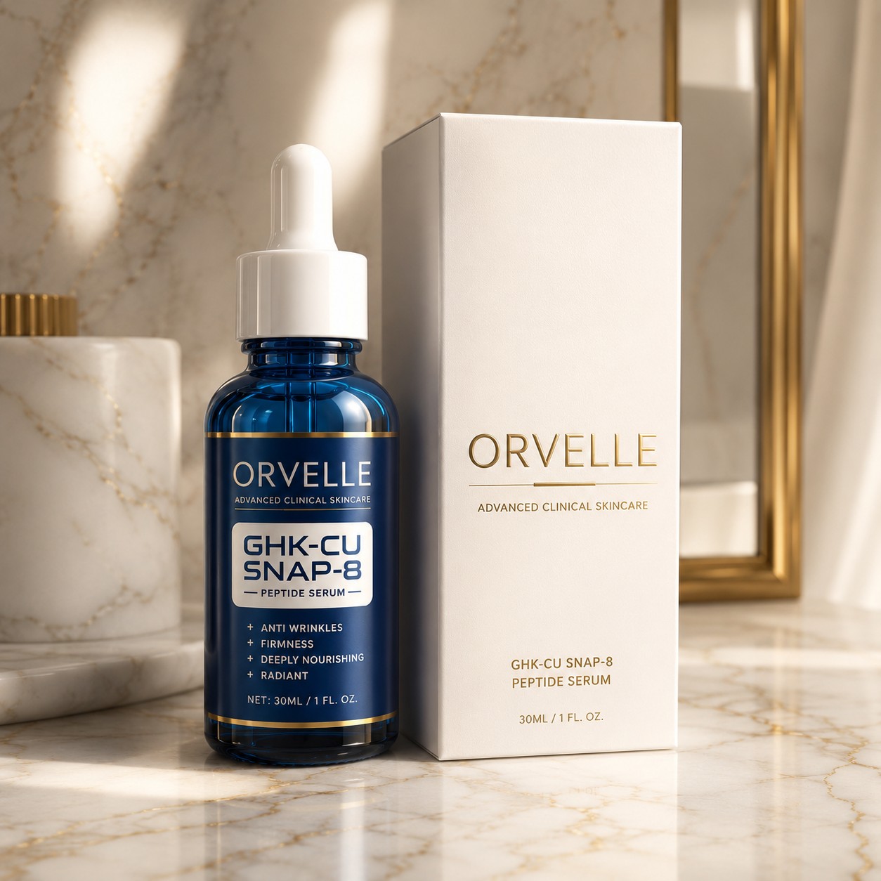 Orvelle GHK-Cu SNAP-8 Peptide Serum bottle and box on marble surface
